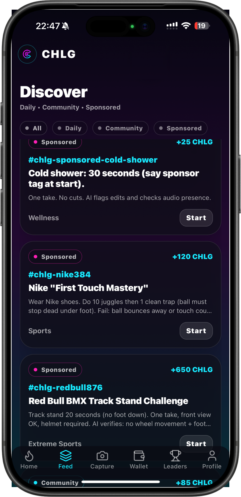Challenge feed mockup
